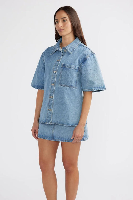 Ena Pelly Reese Oversized Denim Shirt - Mid Blue