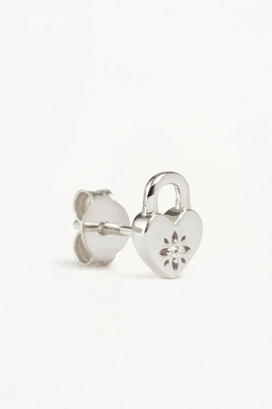 By Charlotte Crystal Lotus Heart Padlock Stud Earrings - Silver